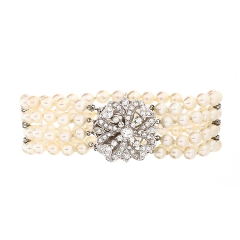 14k White Gold Pearl and Diamond Bracelet