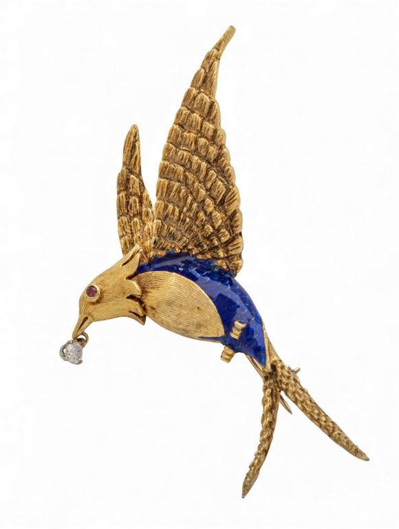 14k Gold Diamond and Ruby Brooch
