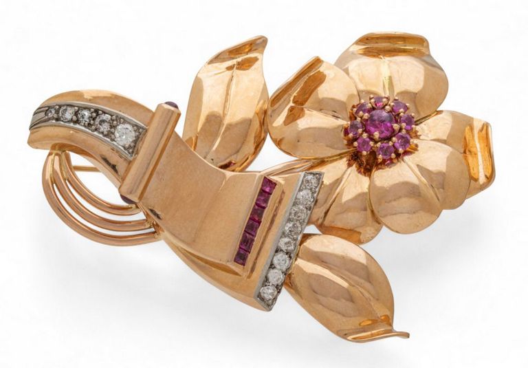 Rose Gold Diamond and Ruby Brooch