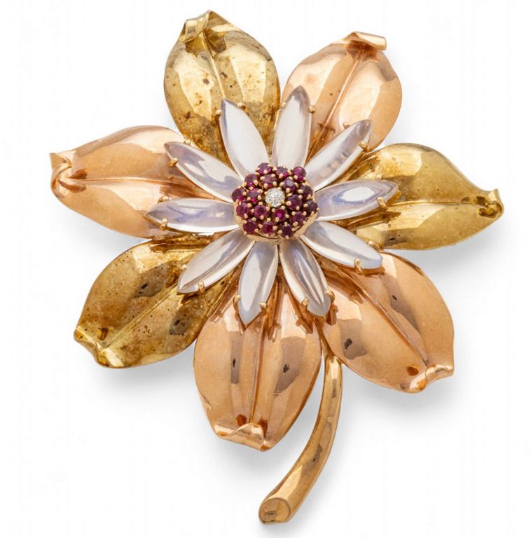 14k Gold Moonstone Ruby and Diamond Brooch