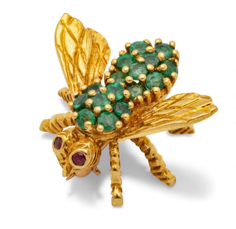 18k Yellow Gold Emerald and Ruby Brooch
