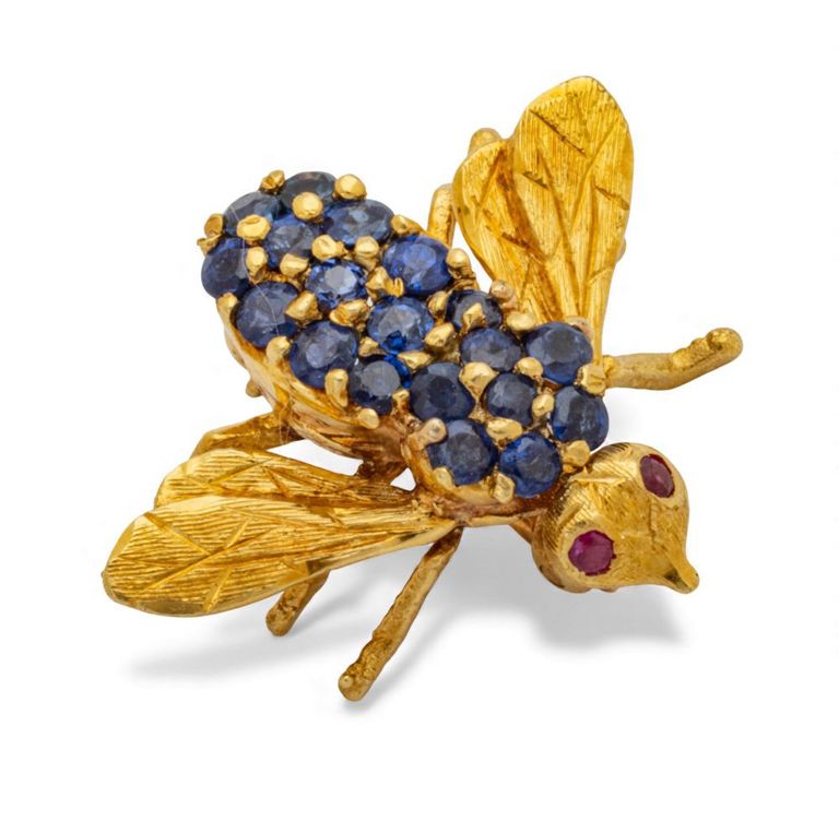 18k Yellow Gold Sapphire and Ruby Brooch