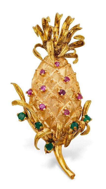14k Gold Ruby and Emerald Brooch