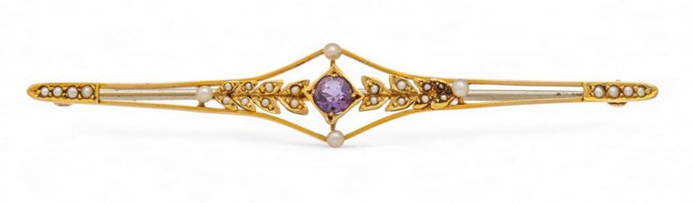 14k Gold Amethyst and Pearl Brooch