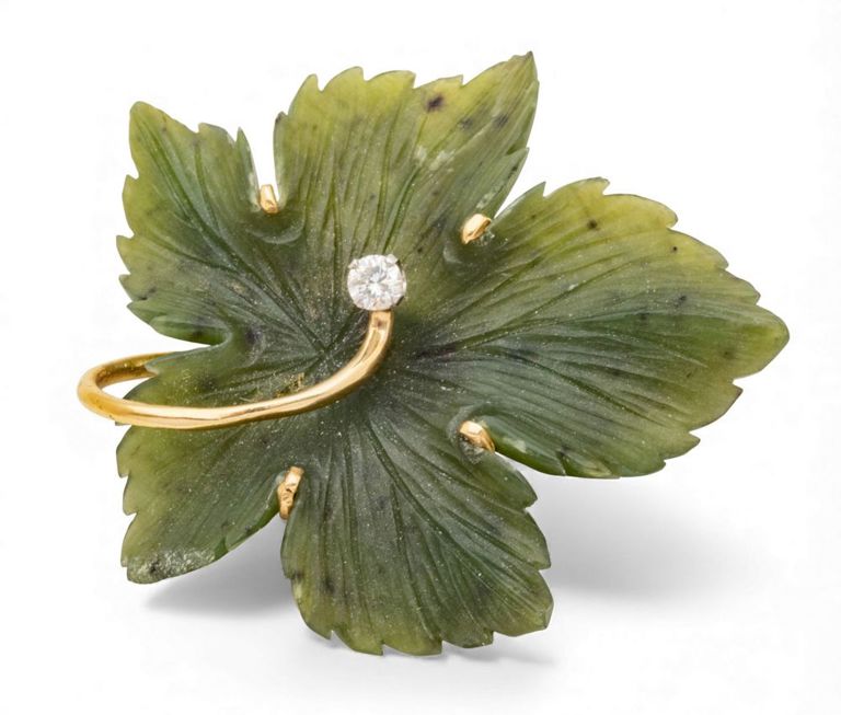 14k Gold Jade and Diamond Brooch