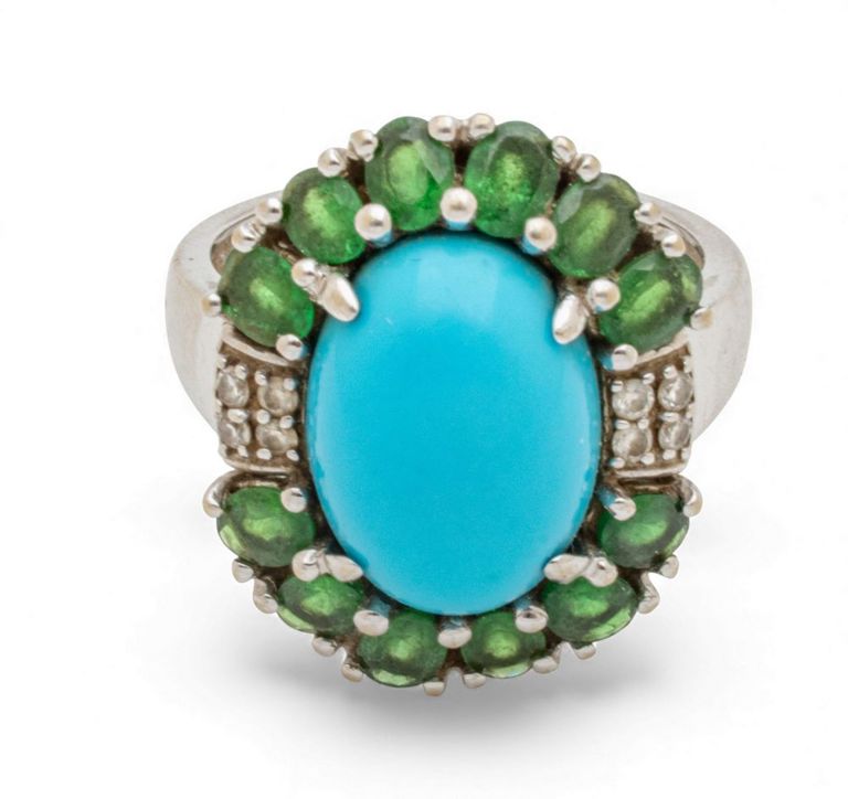 14k White Gold Emerald, Diamond and Turquoise Ring