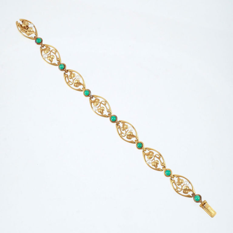 14k Gold Pearl and Green Stone Bracelet