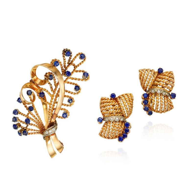 Gold Brooch and Pair of Ear Clips