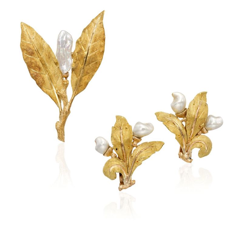 Cultured Pearl Brooch and Pair of Earrings