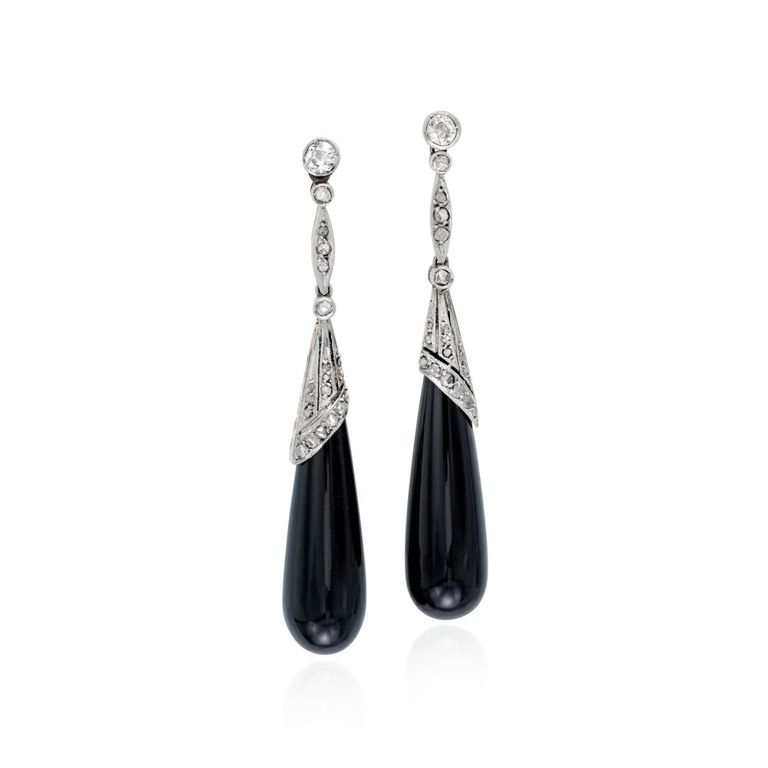 Pair of Onyx and Diamond Earrings