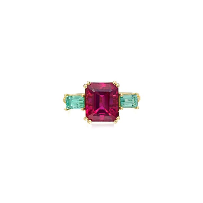 Rubellite, Green Tourmaline and Diamond Ring