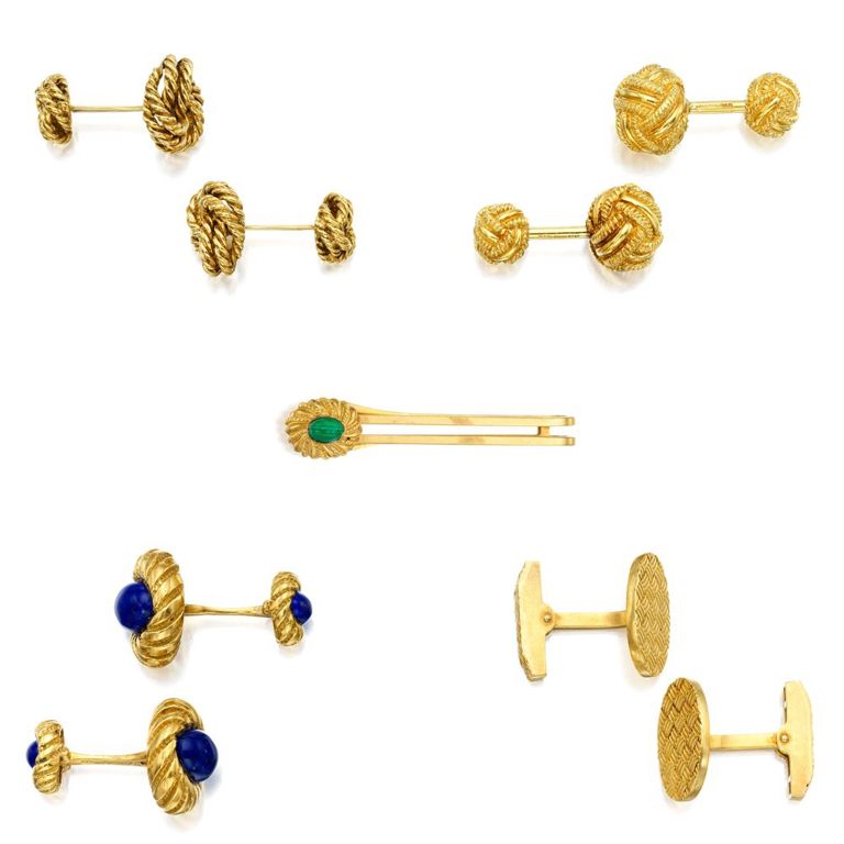 Set of Four Gold Cufflinks and Tie Bar