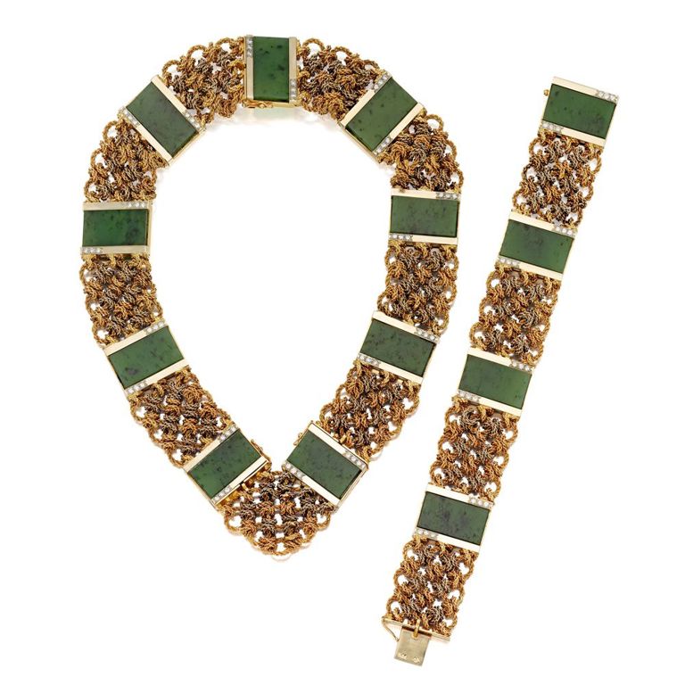 Gold and Nephrite Necklace and Bracelet