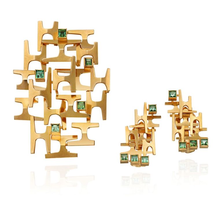 Gold and Tourmaline Brooch and Earrings