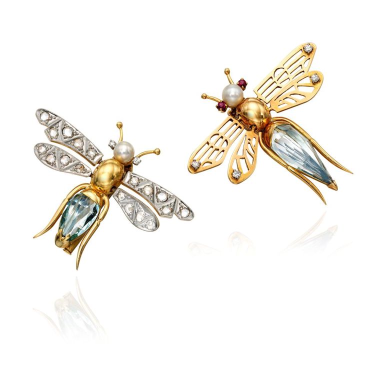 Pair of Gold and Gem-Set Brooches