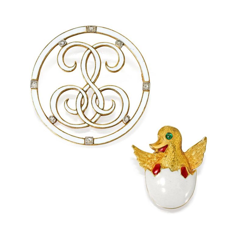 Two Enamel, Gold and Gem-Set Brooches