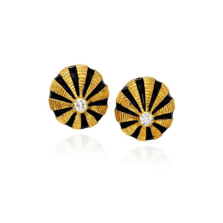 Pair of Gold, Enamel and Diamond Earrings