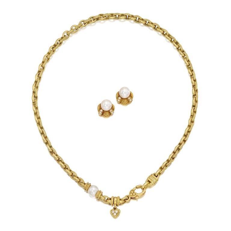 18k Gold Pearl Diamond Jewelry Set