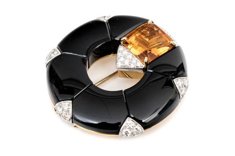 18k Gold Onyx Citrine and Diamond Brooch