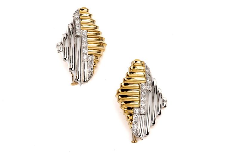 Pair of Platinum and Gold Diamond Brooches