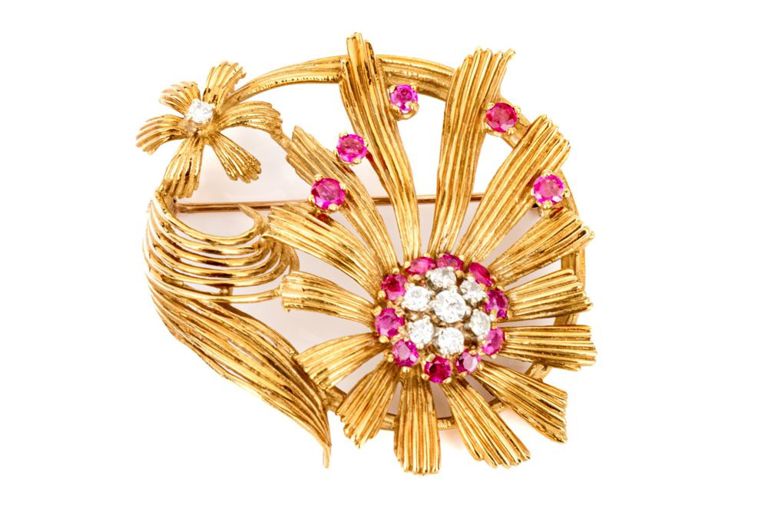 14k Gold Ruby and Diamond Brooch