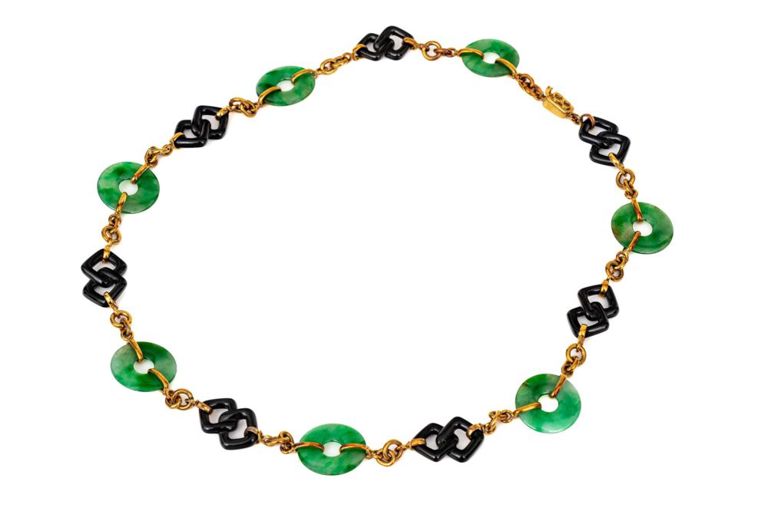 14k Gold Jade and Onyx Necklace