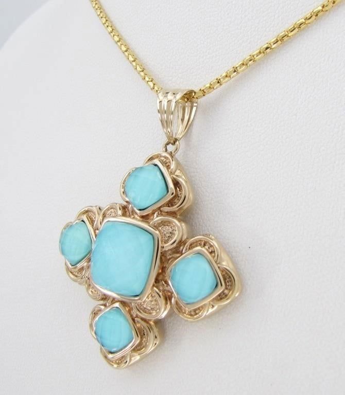 14k Gold Turquoise and Crystal Pendant Necklace