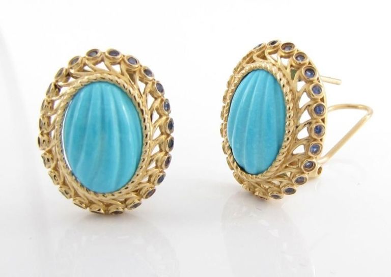 14k Gold Turquoise and Sapphire Earrings