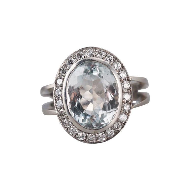 Platinum Aquamarine and Diamond Ring