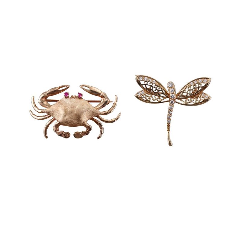 Set of 2 14k Gold Ruby Diamond Brooches