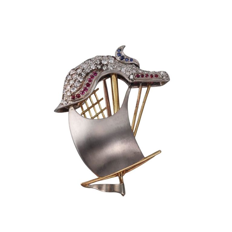 18k Gold Diamond Ruby and Sapphire Brooch