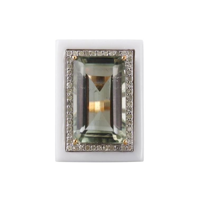 14k Gold Silver Prasiolite Diamond Onyx Ring
