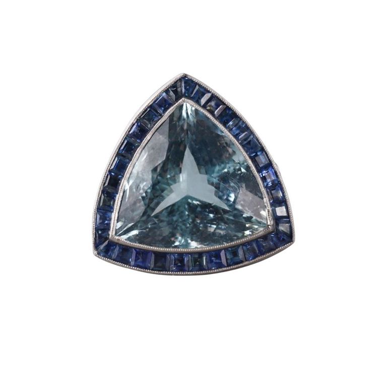Platinum Aquamarine Diamond and Sapphire Ring