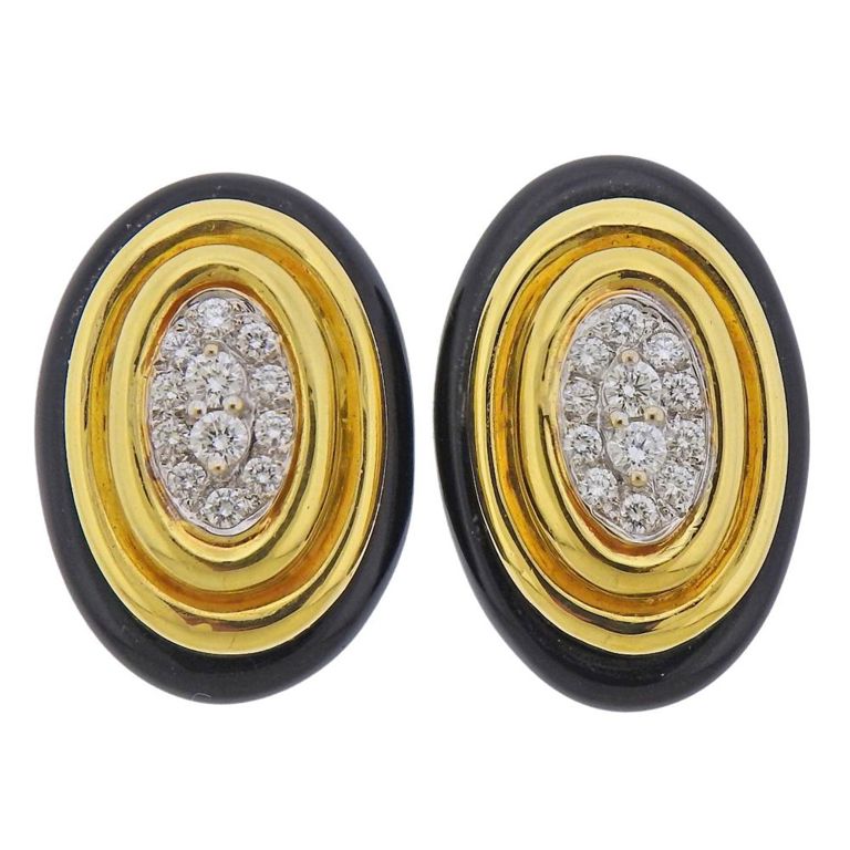 18k Gold Onyx and Diamond Earrings