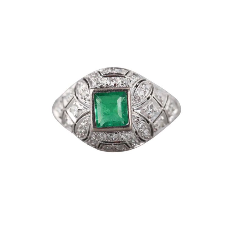 Platinum Diamond and Emerald Ring