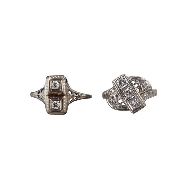 Set of 2 Art Deco 14k Gold Diamond Rings