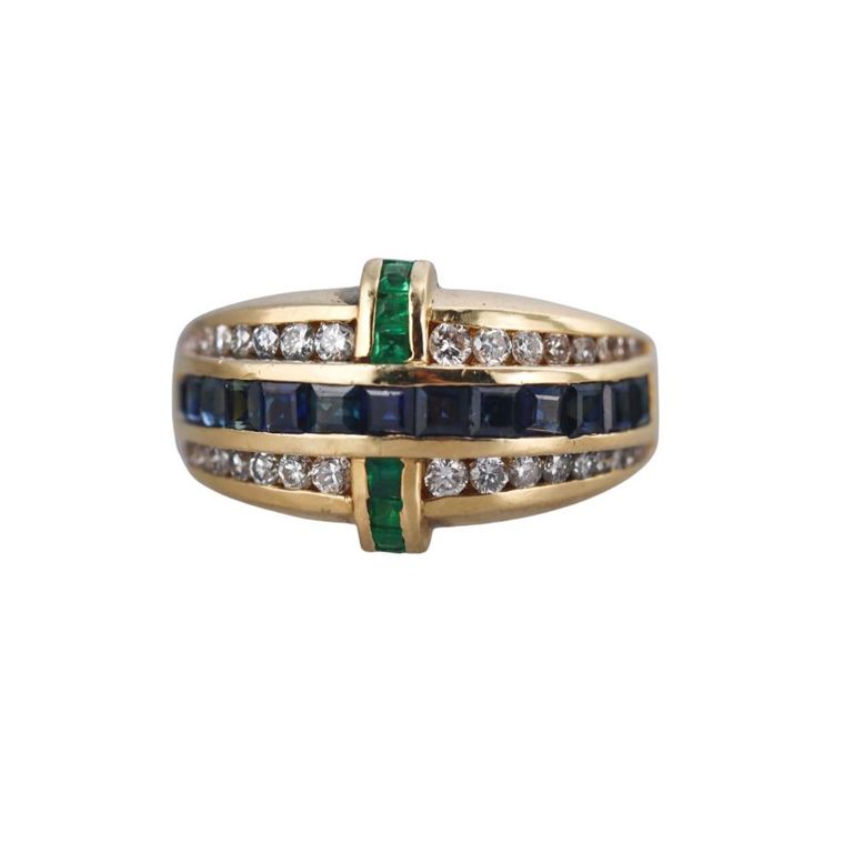 18k Gold Diamond Sapphire and Emerald Ring