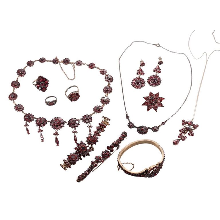 Set of 11 Base Metal Garnet Jewelry