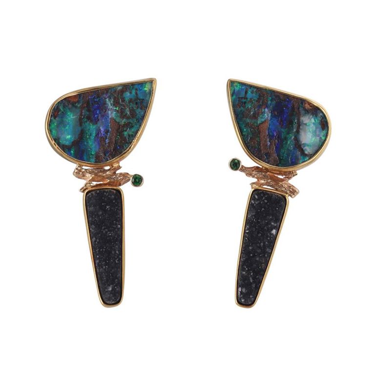 18k Gold Opal Tsavorite and Druzy Earrings