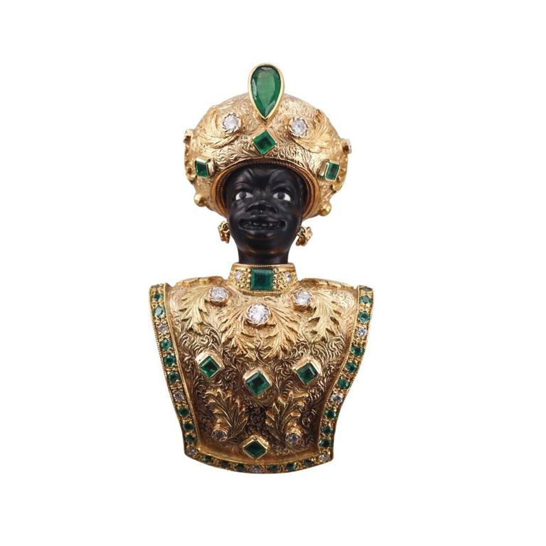 18k Gold Diamond and Emerald Brooch