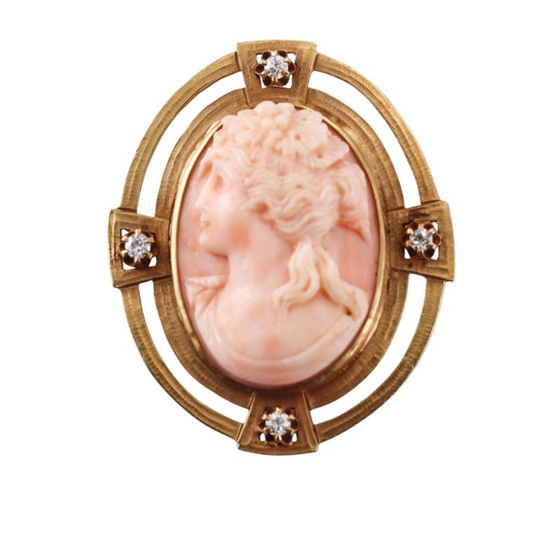 18k Gold Diamond Cameo Brooch/Pendant