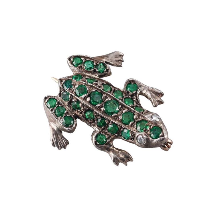 14k Gold Diamond and Emerald Frog Brooch