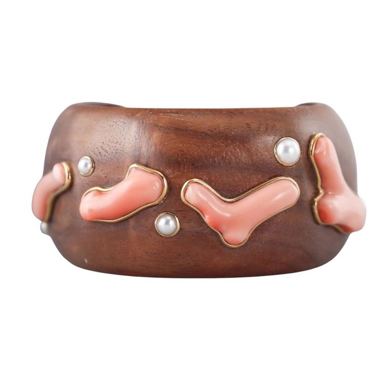 18k Gold Coral and Pearl Cuff Bracelet