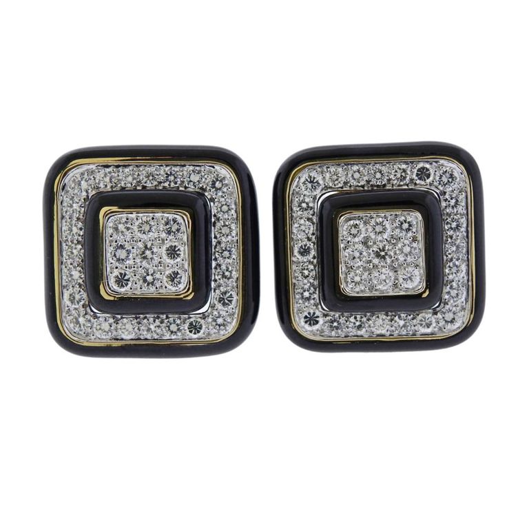 18k Gold Platinum Diamond Enamel Earrings