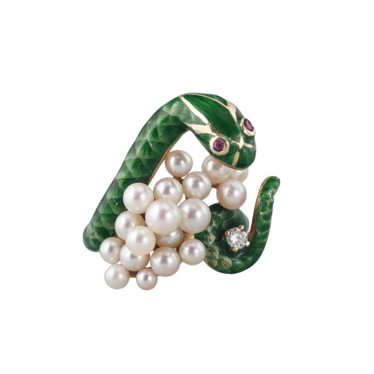 14k Gold Pearl, Diamond and Ruby Ring