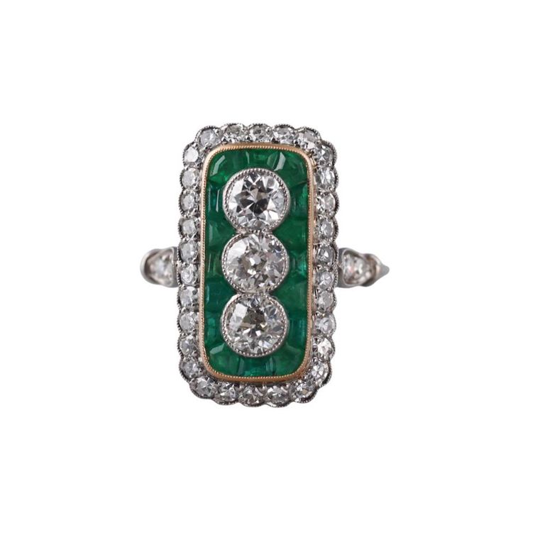 Platinum Diamond and Emerald Ring