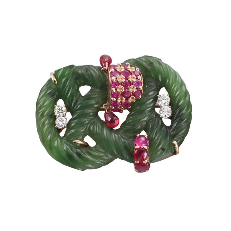 14k Gold Jade and Ruby Brooch