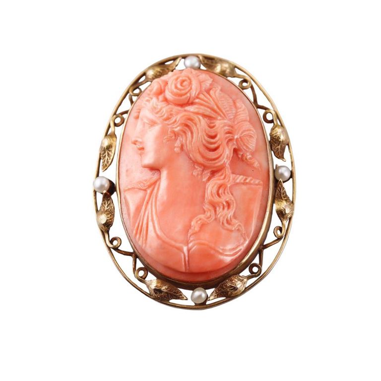 Gold Coral and Pearl Brooch/Pendant