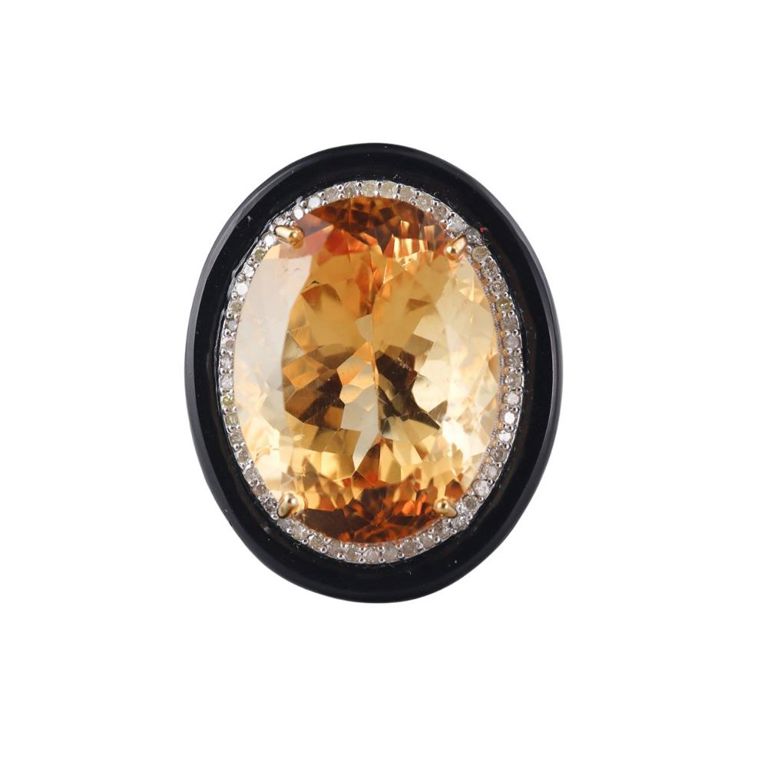 14k Gold Citrine Diamond and Onyx Ring