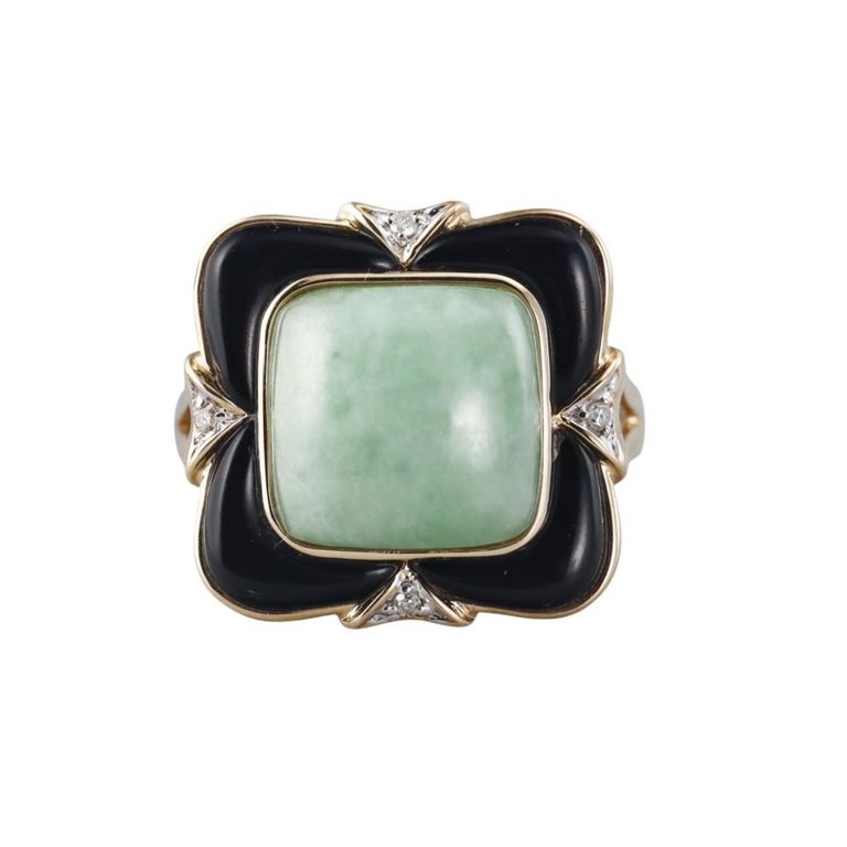 14k Gold Jade Onyx and Diamond Ring
